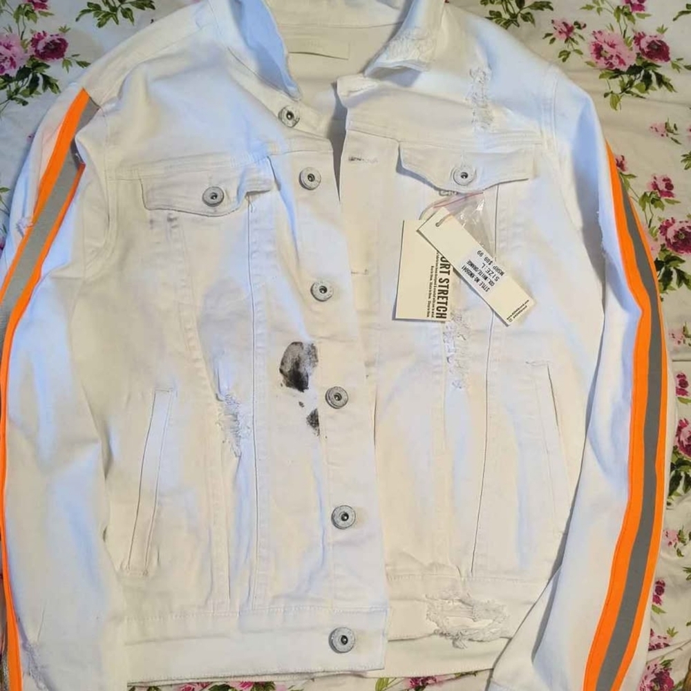 Kdnk White Distressed Denim Jacket with Neon Stripe